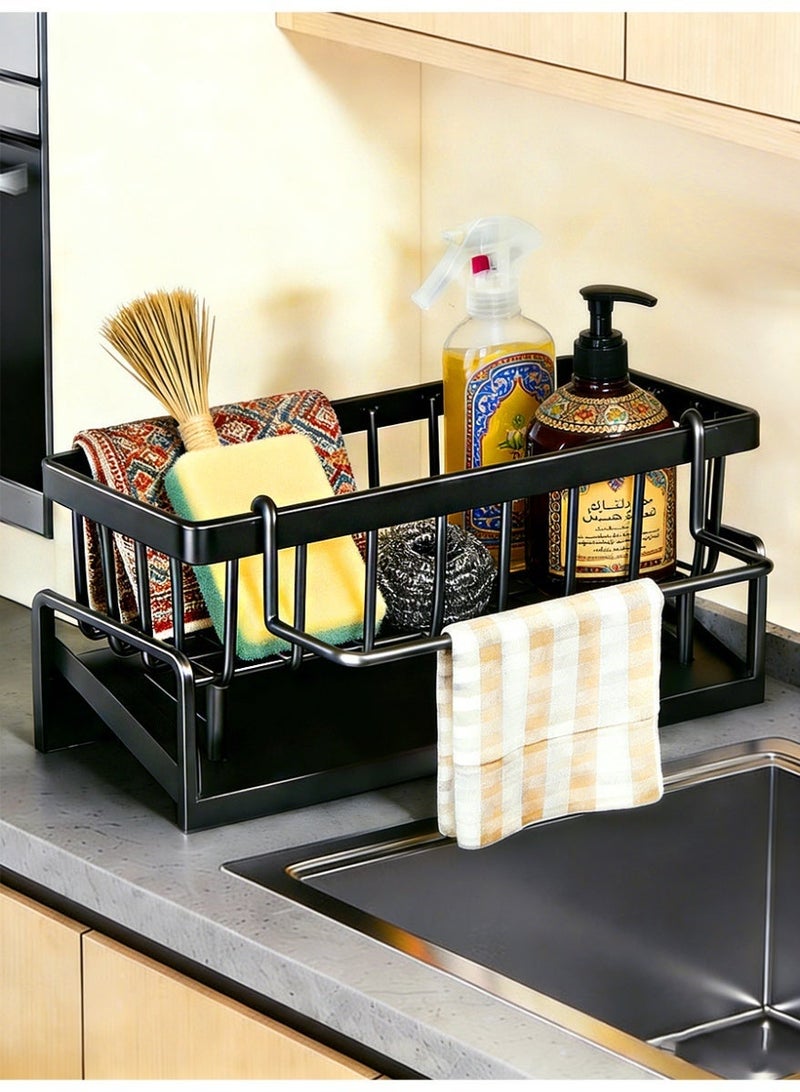 آي هوم شوب منظم حوض المطبخ مع حامل فرشاة قابل للإزالة - صينية تخزين بلاستيكية سوداء متعددة الطبقات مقاومة للصدأ، مناسبة للإسفنج والخرق والأواني، مزودة بخاصية تصريف المياه، سلة تنظيف فعالة - Image 1